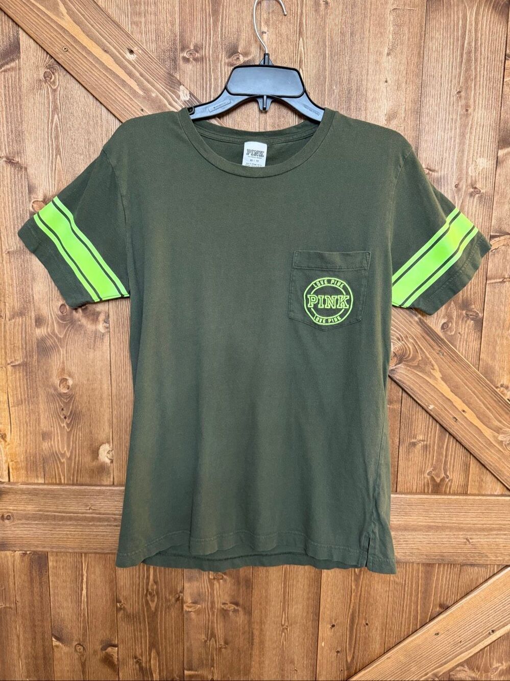 PINK Victoria’s Secret Women’s XS Green Neon Stripe Pocket T-Shirt 100% Cotton(9